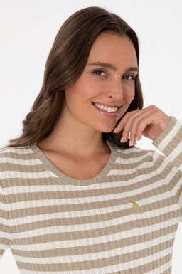 Kad_n Koyu Bej _izgili Bisiklet Yaka Sweatshirt
