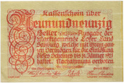 Банкнота 99 геллеров 1921 года Австрия  община Лофер в Зальцбурге (Нотгельд)