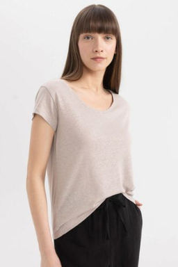Regular Fit Bisiklet Yaka Keten Kar?s?ml? Basic K?sa Kollu Tisort