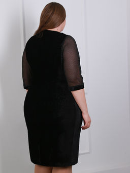 Платье из черного бархата с прозрачными рукавами праздничное - Almond фото 2