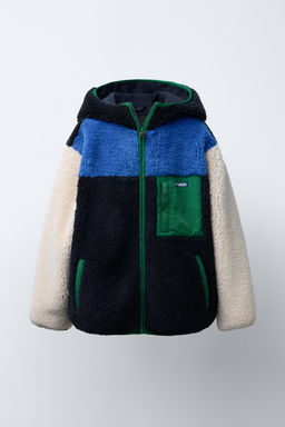 COLOUR BLOCK FAUX SHEARLING JACKET WITH HOOD