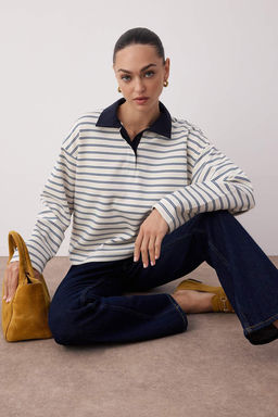 Ekru Cizgili More Sustainable Dokuma Yaka Detayl? Regular Orme T-shirt/Sweatshirt TWOAW26TS00004 - Trendyolmilla фото 5