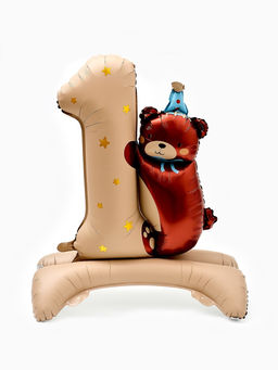Цена за 2 шт. Воздушный шар фольгированный 32" "Цифра 1 с мишкой"  цвет бежевый, под воздух