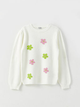 Bisiklet Yaka Desenli Uzun Kollu K?z ?ocuk Triko Kazak