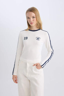 Женская белая классная футболка в рубчик с длинным рукавом с принтом