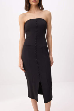 Siyah Straplez Dugme Detayl? Midi Esnek Dokuma Elbise TWOSS26EL00337 - Trendyolmilla фото 3