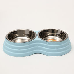 Миска металлическая двойная на пластиковом основании 2 х 160 мл, 25 х 14 х 5 см, голубая - Пижон фото 2