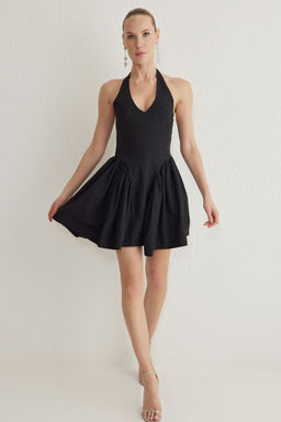 Siyah A-Kesim Poplin Dokuma K?sa Abiye Gece Mezuniyet Elbisesi TPRSS25EL00136