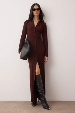 Limited Edition Lacivert Polo Yaka Dugmeli Bodycone/Vucuda Oturan Maxi Orme Elbise TWOAW26EL00110 - Trendyolmilla фото 7