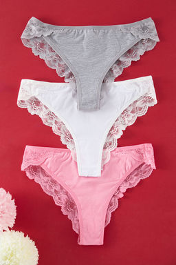 TRENDYOLMILLA Gri-Beyaz-Pembe 3lu Paket Pamuklu Dantel Detayl? Klasik Orme Kulot THMSS25KU00004