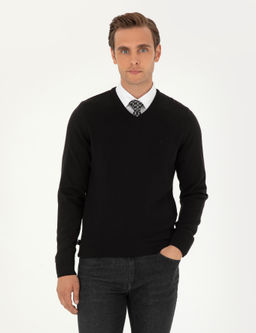 Siyah Slim Fit V Yaka Basic Triko Kazak