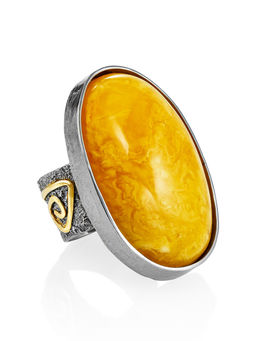 Крупное овальное кольцо с текстурным медовым янтарём Апейрон