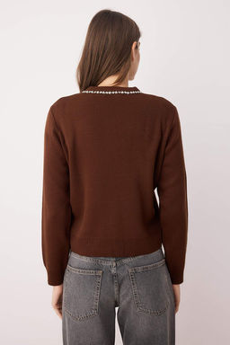 Kahverengi Mucevherli Yumusak Dokulu Ikili Triko H?rka-Bluz TWOAW26HI00007