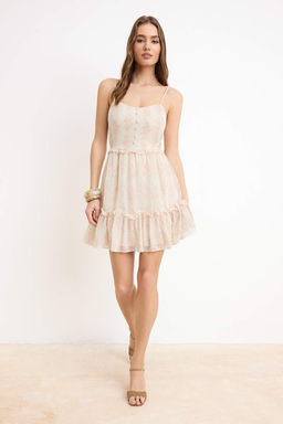 Beyaz Cicek Desenli Belden Ac?lan V Yaka Mini Astarl? Sifon Dokuma Elbise TWOSS23EL01782