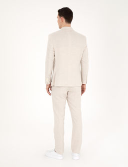 Bej Slim Fit Keten Kar___ml_ _izgili Tak_m Elbise
