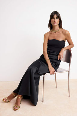 Siyah Straplez Dokuma Uzun S?k Mezuniyet/Balo Abiye Gece Mezuniyet Elbisesi TPRAW25EL00195