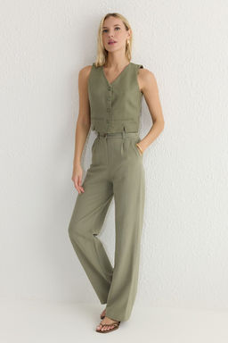 Ac?k Haki Fitted Keten Gorunumlu V Yaka Crop Dokuma Yelek TWOSS25YE00028