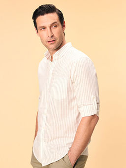 Regular Fit Uzun Kollu ?izgili Keten Kar???ml? Erkek G?mlek