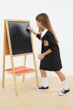 Siyah K?z Cocuk Mevsimlik-Ince Regular Slogan Orme Elbise TKDAW25EL00009