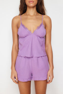 Trendyolmilla Mor Dantelli ve F?rf?r Detayl? Ip Ask?l? Sortlu Dokuma Pijama Tak?m? THMSS24PT00018  фото 3