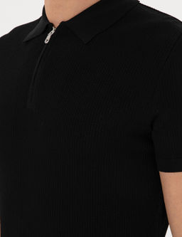 Siyah Slim Fit Fermuarl_ Polo Yaka Triko T-shirt