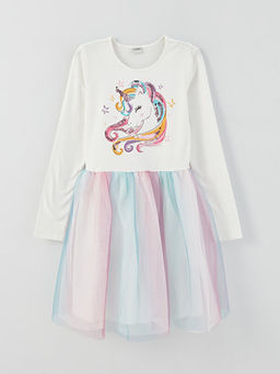 Bisiklet Yaka Bask?l? Uzun Kollu K?z ?ocuk Elbise