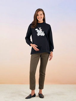Bisiklet Yaka Bugs Bunny Bask?l? Uzun Kollu Pamuklu Hamile Sweatshirt