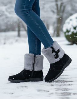 Унты женские на литой подошве. Черные., Замша. "Шиншилла". Короткие. Молния.