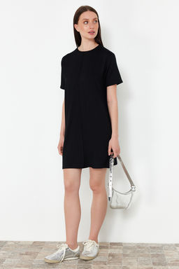 TRENDYOLMILLA Ekru Bisiklet Yaka K?sa Nervurlu Esnek Orme Mini T-shirt Elbise TWOSS24EL01013  фото 2