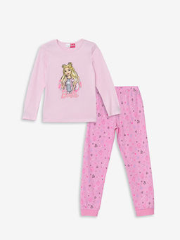 Bisiklet Yaka Barbie Bask?l? Uzun Kollu K?z ?ocuk Pijama Tak?m?
