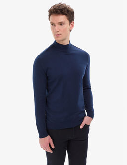 A__k Lacivert Slim Fit Yar_m Bal_k__ Yaka Basic Triko Kazak