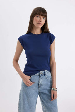 Slim Fit Dar Kesim Bisiklet Yaka Ribana Basic Duz K?sa Kollu Tisort - Defacto фото 2