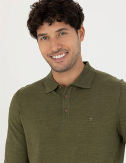 A__k Ye_il Regular Fit Polo Yaka Y_n Kar___ml_ Basic Triko Kazak