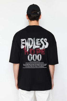 TRENDYOL MAN Siyah Oversize/Genis Kesim Endless Bask?l? %100 Pamuk T-Shirt TMNSS25TS00137