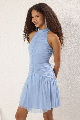 Ac?k Mavi A-Kesim Buzgulu Astarl? Ucus Ucus Tul Orme S?k Abiye Gece Mezuiyet Elbisesi TPRSS25EL00237