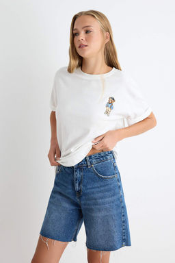 Ekru D_z Regular Bisiklet Yaka D___k Kol K_sa %100 Pamuk _rme T-Shirt TWOSS26TS00366