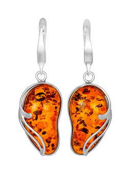 Яркие эффектные серьги из натурального янтаря коньячного цвета Маньяна