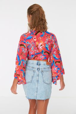 Cicek Desenli Dokuma Volanl? Plaj Crop Bluz TBESS19BB0095