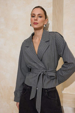 Trendyolmilla Vizon Premium Dokuma Trenckot Crop Blazer Ceket TWOSS24BC00010  фото 26