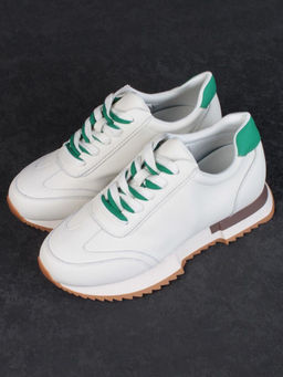 05-PDJ66-2 BEIGE/GREEN Кроссовки женские (натуральная кожа)