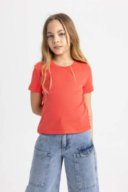 K?z Cocuk Slim Fit Dar Kesim Bisiklet Yaka Ribana Basic Duz K?sa Kollu Tisort - Defacto фото 5
