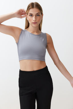 Siyah Gri Melanj 2 Katmanl? Reflektor Bask?l? Crop Orme Spor T-Shirt THMSS24TS00001