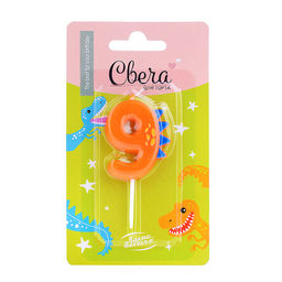 Свеча Цифра, 9 Динозаврик, 3,5*4,5 + 2,5 см, 1 шт. с держателем