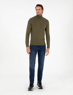 Koyu Haki Slim Fit Bal_k__ Yaka Basic Triko Kazak