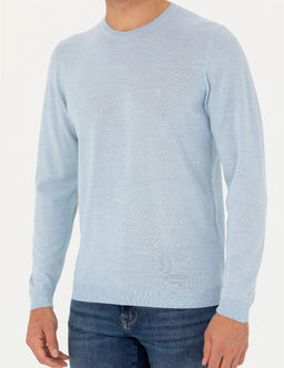 A__k Mavi Slim Fit Bisiklet Yaka Y_n Kar___ml_ Basic Triko Kazak