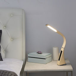 TLD-542 Cream/LED/300Lm/5000K/Dimmer Светильник настольный c часами, календарем, термометром, 5W. Сенсорный выключатель. Кремовый (стилизован под кожу). TM Uniel.