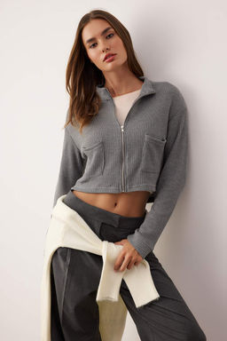 Lacivert Fermuarl? Yaka Cep Detayl? Regular/Normal Kal?p Crop/K?sa Ceket TWOAW25CE00011 - Trendyolmilla фото 6