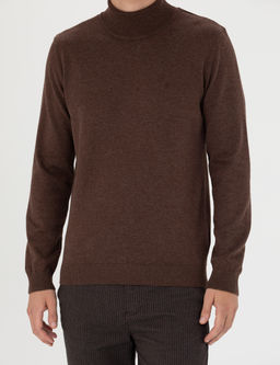 Kahverengi Slim Fit Bal_k__ Yaka Basic Triko Kazak