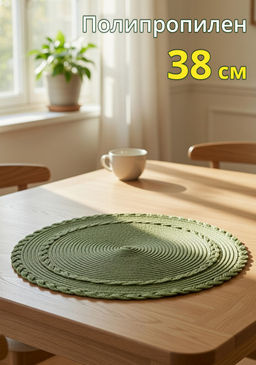 Салфетка под приборы, 38 см, полипропилен, круглая, зеленая, Косы, Matera