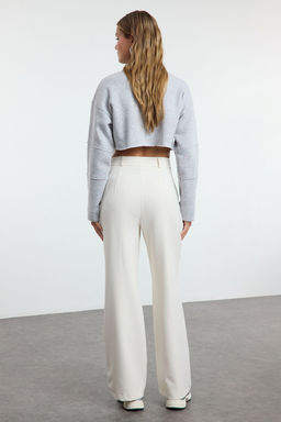 Ekru Yuksek Bel Wide Leg/Genis Paca Pilili Dokuma Kumas Pantolon TWOAW21PL0076